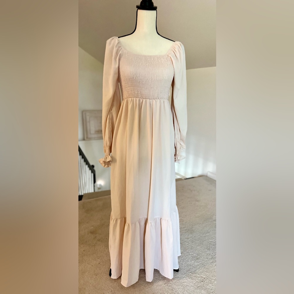 Cream Smocked  Maxi Dress with Bishop Sleeves